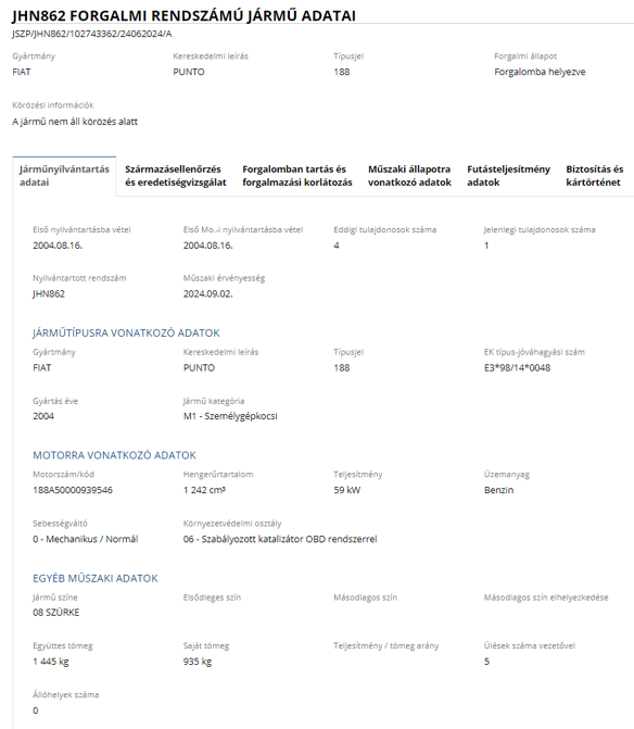 g&eacute;pj&aacute;rmű j&aacute;rműnyilv&aacute;ntart&aacute;si adatai